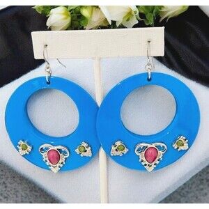 Vintage Designer Statement Earrings Blue Hoop Style Pierced Premier Chic 3B